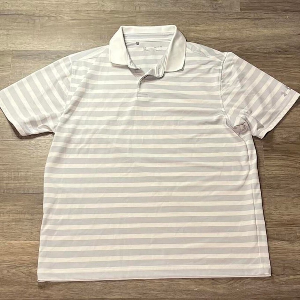 Under Armour White Striped Retro Sportswear Polo Button‎ Shirt size XL